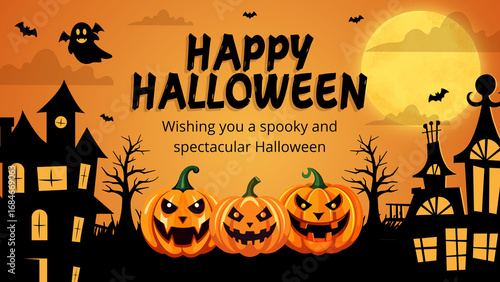 Spooky Halloween background featuring a haunted house, eerie fog, flying bats, and a glowing full moon, creating a chilling atmosphere for your Halloween-themed designs and projects.