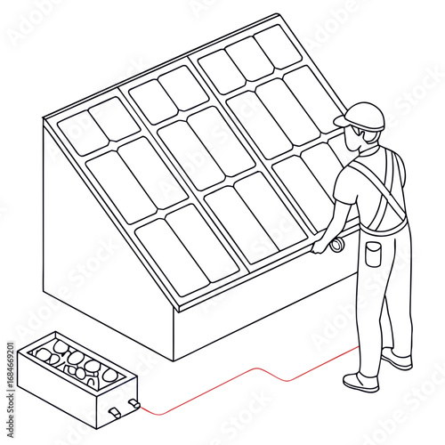 A worker in overalls and a cap installs solar panels on a tilted rack connected to a battery storage unit