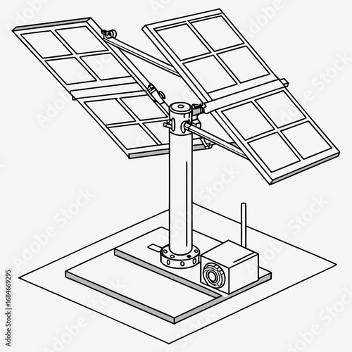 Detailed isometric line drawing of a dual panel solar tracker system with control box and antenna