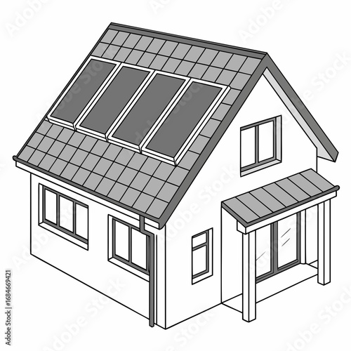 Illustration of a modern house with solar panels installed on the roof for renewable energy generation