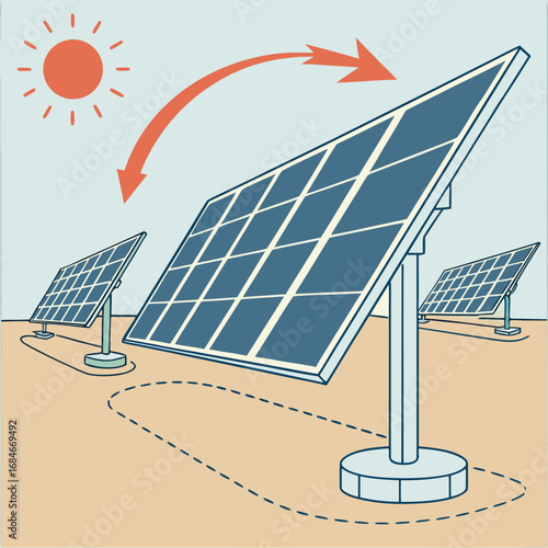 Illustration of solar panels capturing energy from the sun with an arrow indicating the flow of power