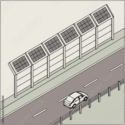 Modern highway infrastructure features a solar panel sound barrier alongside a road with a single car driving