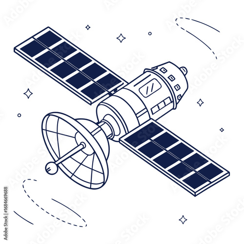 Modern satellite with large solar panels and dish antenna orbiting earth in outer space with stars