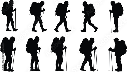 Silhouettes of hikers trekking with backpacks and poles in various walking poses – outdoor adventure, nature exploration, hiking lifestyle.