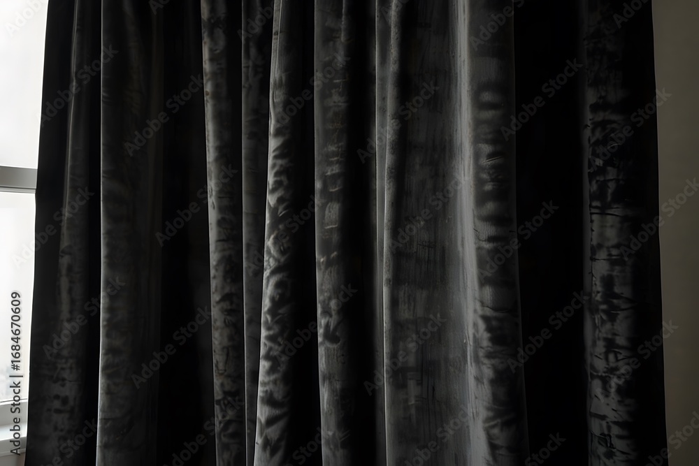 Fototapeta premium Luxurious black velvet curtains with dramatic folds enhancing dark moody living room ambiance AI generated artistic style