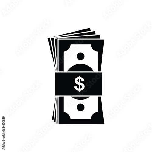 A black and white illustration of a stack of US dollar bills tied with a band