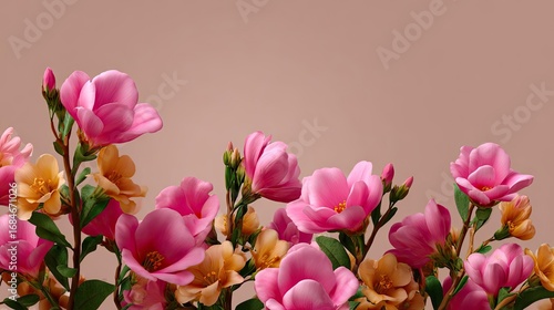 Dainty wildflowers forming a gentle border concept. Beautiful pink and peach flowers blooming against a soft backdrop.