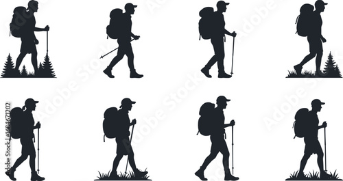 Silhouettes of hikers walking with backpacks and trekking poles, showcasing outdoor adventure, mountain hiking, and nature exploration activities.