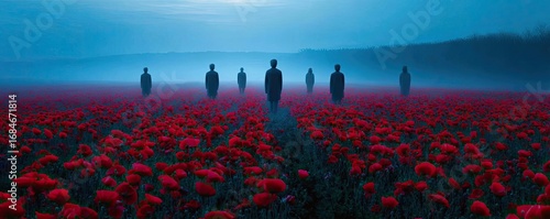 Red poppies displayed for remembrance day concept. Silhouetted figures in a misty poppy field at twilight.