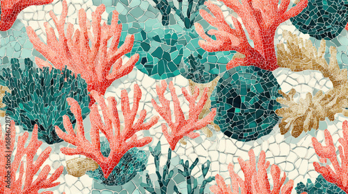 Seamless coral reef mosaic in aqua coral and sand tones with marine inspired texture for ocean themed surfaces