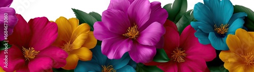 Dainty wildflowers forming a gentle border concept. A vibrant collection of colorful blooming flowers in bright hues.