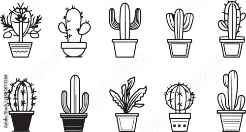 Collection of hand drawn outline illustrations of various potted cacti and succulents on white background