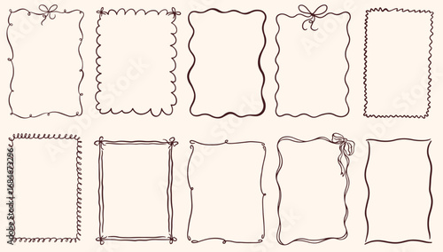 Hand drawn vintage frames with wavy lines, bows and ribbons. Trendy doodle whimsical borders for birthday card, wedding invitations, prints. Minimalist ink coquette vector borders. Sketch art line