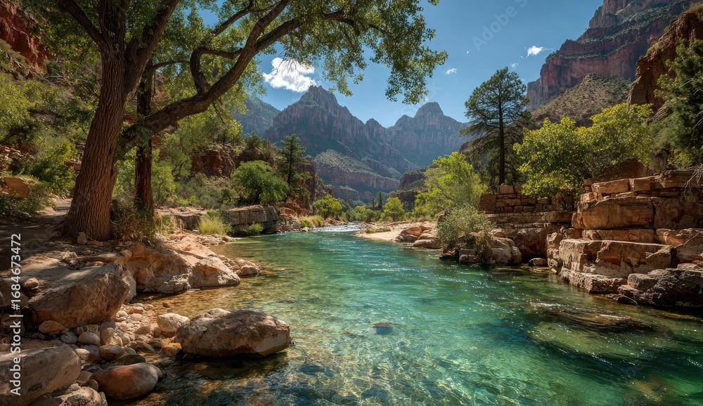 Naklejka premium Sunny, crystal-clear river flowing through a canyon. Lush greenery, towering mountains