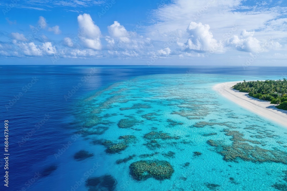 Fototapeta premium Aerial View of Tropical Island with Coral Reefs and Clear Blue Ocean