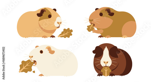 Adorable guinea pigs munching on leaves, perfect for cute pet content and children's designs.