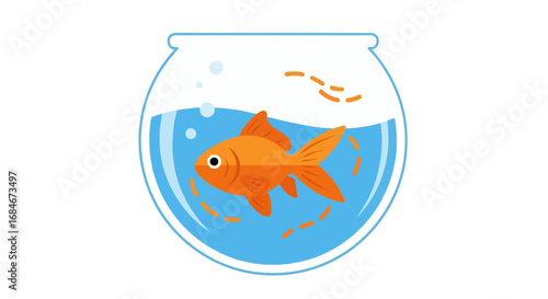 Vibrant orange goldfish swims happily in a clear fishbowl with gentle blue water and playful bubbles.