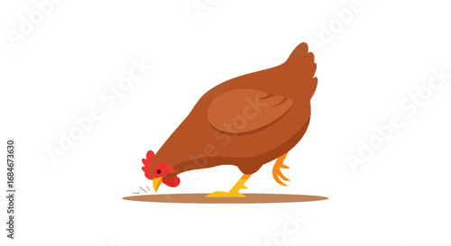 Adorable brown hen pecking for food on the ground in a charming farm scene