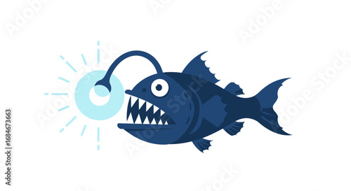 Fearsome anglerfish with glowing lure and sharp teeth, a deep sea predator illustration