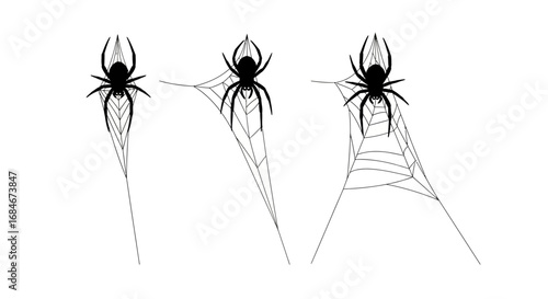 Creepy black spiders perched on delicate white spiderwebs create a spooky Halloween atmosphere