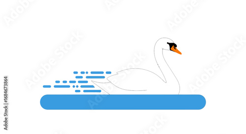 Elegant white swan glides swiftly through blue water with dynamic motion trails