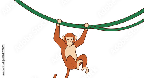 Playful monkey swings energetically on green jungle vines, capturing a moment of wild adventure and fun.