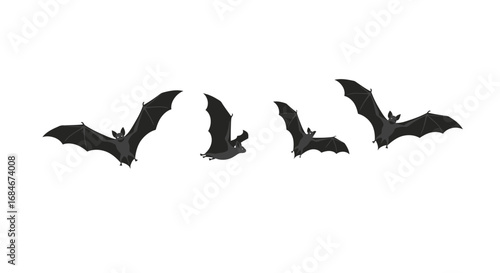 Four dark bats in silhouette flying across a stark white expanse, evoking Halloween and mystery.