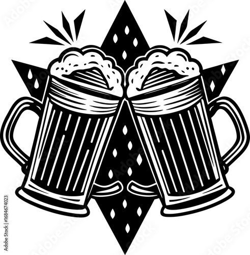 Cheers with Beer: A pair of beer mugs clinking in a toast, filled with frothy ale, captured in a dynamic line art composition celebrating friendship.