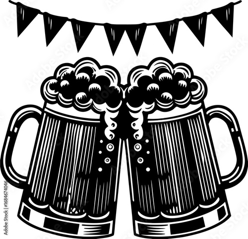 Cheers to Celebration:  A stylized illustration presents two overflowing mugs clinking together in a toast, adorned with festive bunting, suggesting a joyful gathering. 