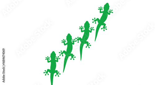 Four vibrant green geckos climb diagonally, creating a dynamic, modern pattern for design.