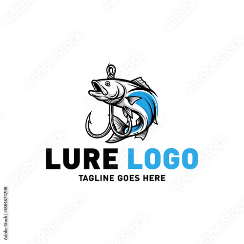 Dynamic illustration of a fish caught on a fishing hook, forming a modern fishing lure logo design.