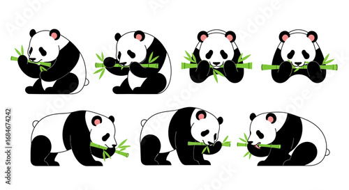 Adorable pandas enjoying fresh bamboo stalks with playful poses, perfect for charming designs