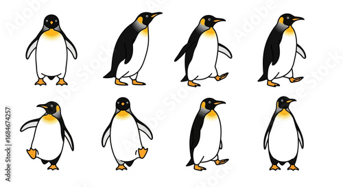 Charming penguins showcase diverse walking and standing poses, perfect for playful designs