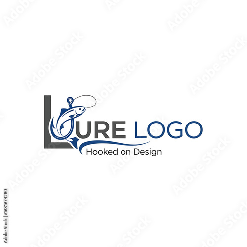 Fishing lure logo design featuring a stylized fish hooked on a line, incorporated within the letter L.