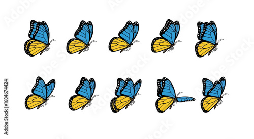 Vibrant blue and yellow butterflies gracefully flutter in a repeating pattern, evoking nature's beauty