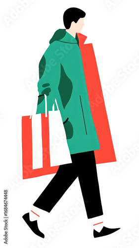 PNG Cat wear wintr coat hold shopping bag walking adult consumerism.