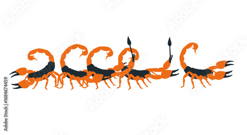 Dynamic scorpion formation ready for action, fierce, powerful, and striking with sharp claws and segmented tails.
