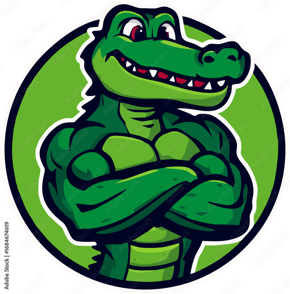 Obraz premium Cartoon-style crocodile mascot logo featuring a strong and muscular green crocodile with folded arms, smiling expression, and jungle background. Perfect for sports teams, gaming, or brand identity.