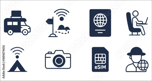 “Tech-Enabled Travel Icon Set – Minimal Silhouettes for Digital Nomads, eSIM Connectivity, and Remote Adventures”