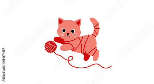 Playful kitten entangled in red yarn, a charming and whimsical scene for various creative projects.