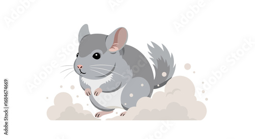 Adorable chinchilla playfully leaps through light dust clouds with a cheerful expression