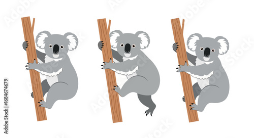 Adorable cartoon koalas clinging to eucalyptus branches, perfect for children's books and nature designs.