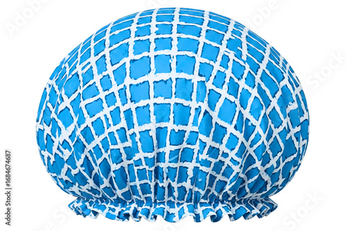 Waterproof blue and white shower cap for hair protection isolated on a transparent background