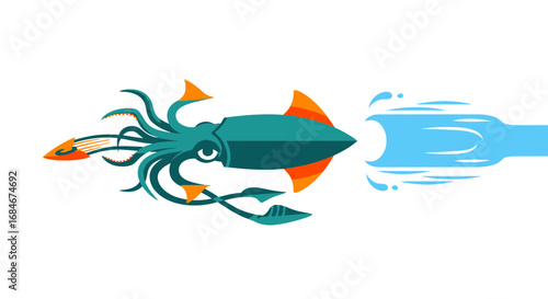 Dynamic squid propels forward with powerful jet stream, capturing motion and energy