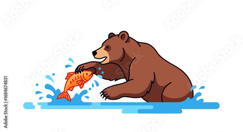 Joyful bear catches vibrant salmon mid-splash, symbolizing nature's bounty and wild success
