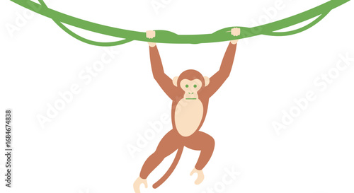 Playful monkey swinging on a jungle vine, captured in a charming, simple flat design style.