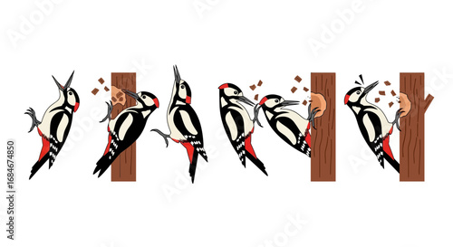 Charming woodpeckers diligently pecking on tree trunks, capturing nature's busy rhythm and forest life