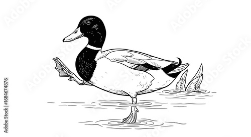 Charming duck standing on one leg in water, artistically drawn with a playful pose