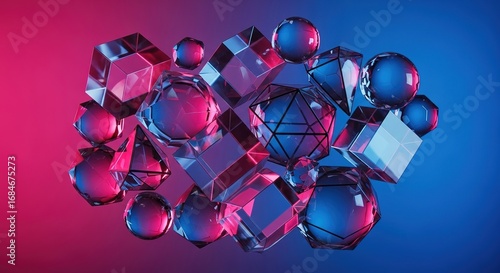 Floating Geometric Crystals Illuminated by Pink and Blue Light