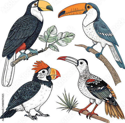 An exotic set of different tropical birds on a branch including toucan, hornbill, and other colorful fauna